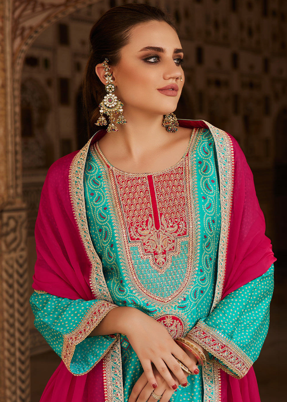 Turquoise Green Bandhani Print Silk Straight Kurta Set with Embroidery Patchwork