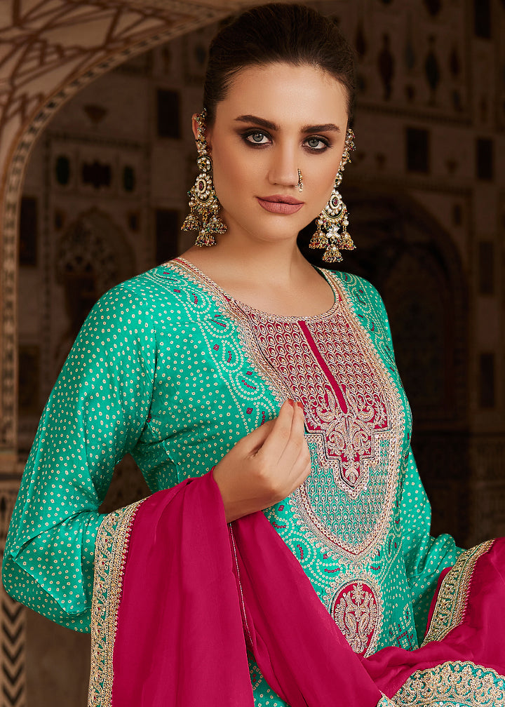 Turquoise Green Bandhani Print Silk Straight Kurta Set with Embroidery Patchwork