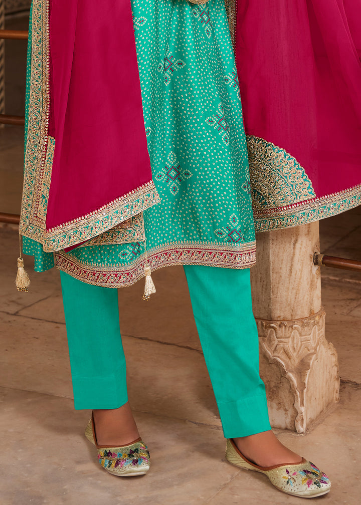 Turquoise Green Bandhani Print Silk Straight Kurta Set with Embroidery Patchwork
