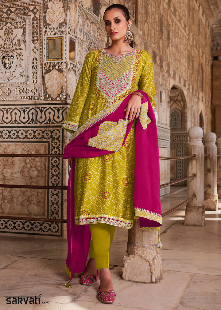 Olive Yellow Bandhani Print Silk Straight Kurta Set with Embroidery Patchwork