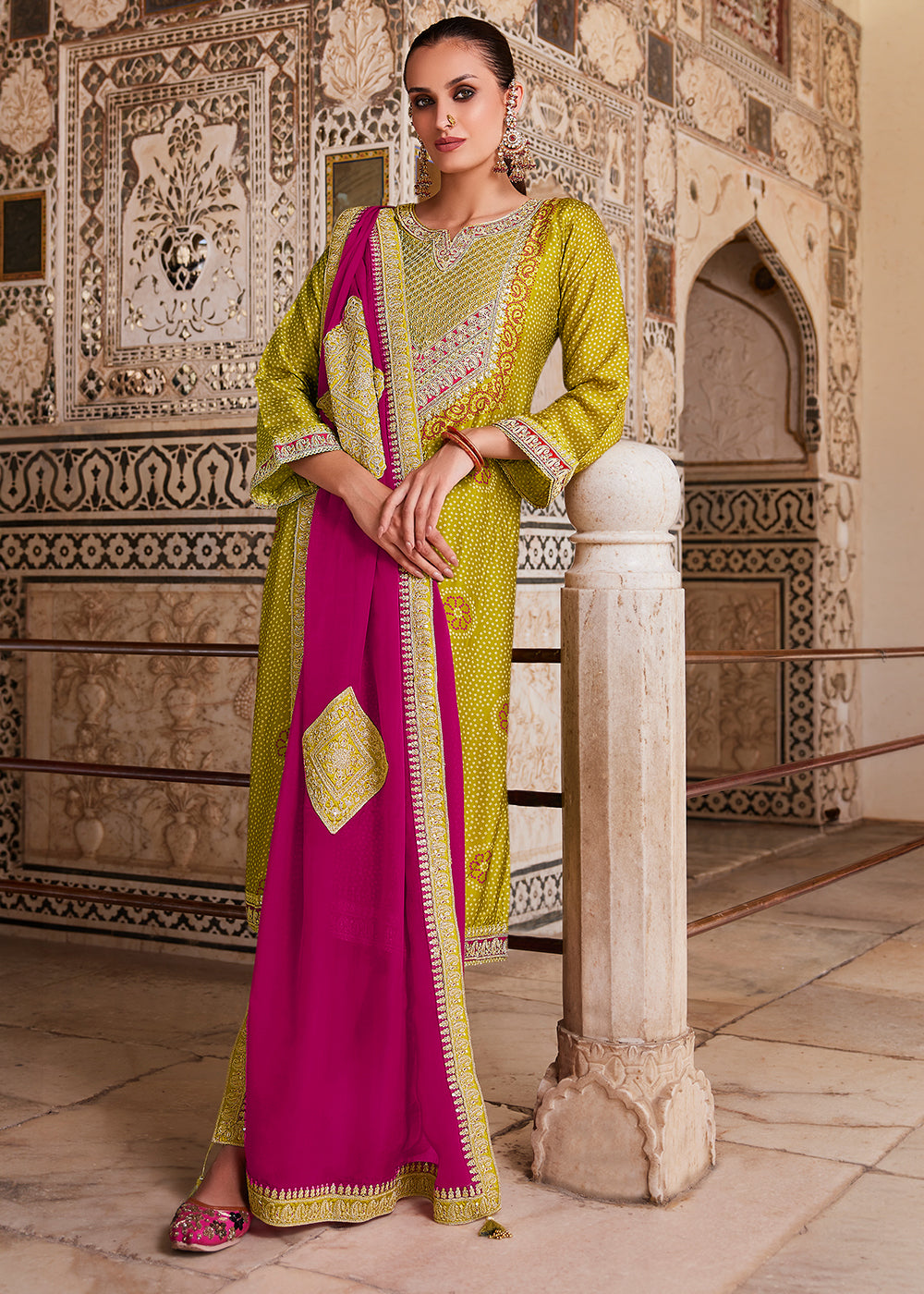 Olive Yellow Bandhani Print Silk Straight Kurta Set with Embroidery Patchwork