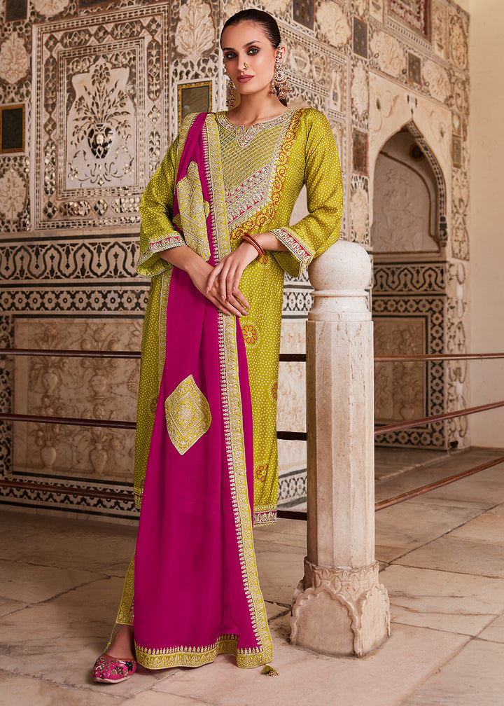 Olive Yellow Bandhani Print Silk Straight Kurta Set with Embroidery Patchwork
