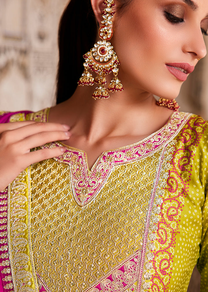 Olive Yellow Bandhani Print Silk Straight Kurta Set with Embroidery Patchwork