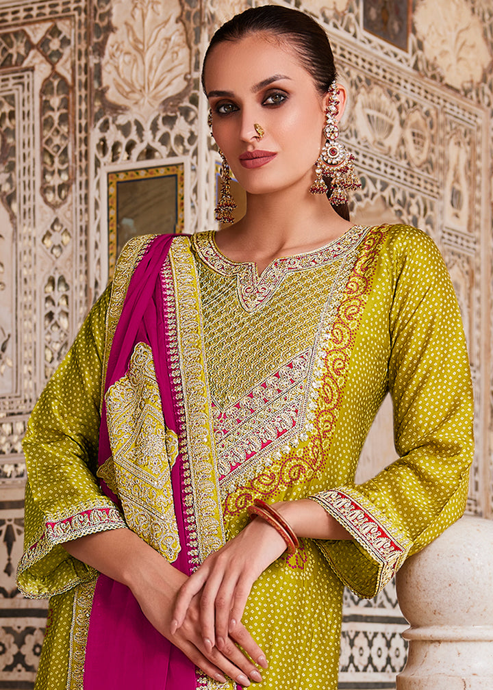 Olive Yellow Bandhani Print Silk Straight Kurta Set with Embroidery Patchwork
