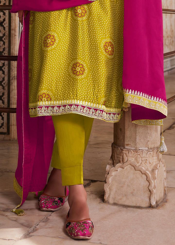 Olive Yellow Bandhani Print Silk Straight Kurta Set with Embroidery Patchwork