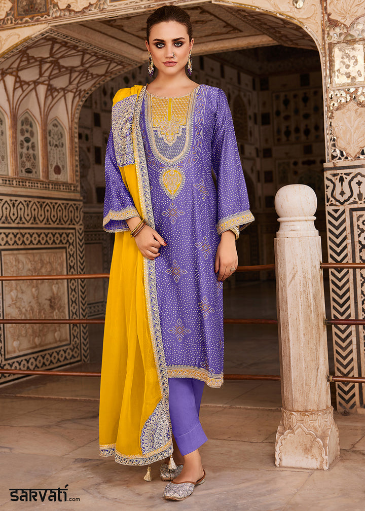 Violet Blue Bandhani Print Silk Straight Kurta Set with Embroidery Patchwork