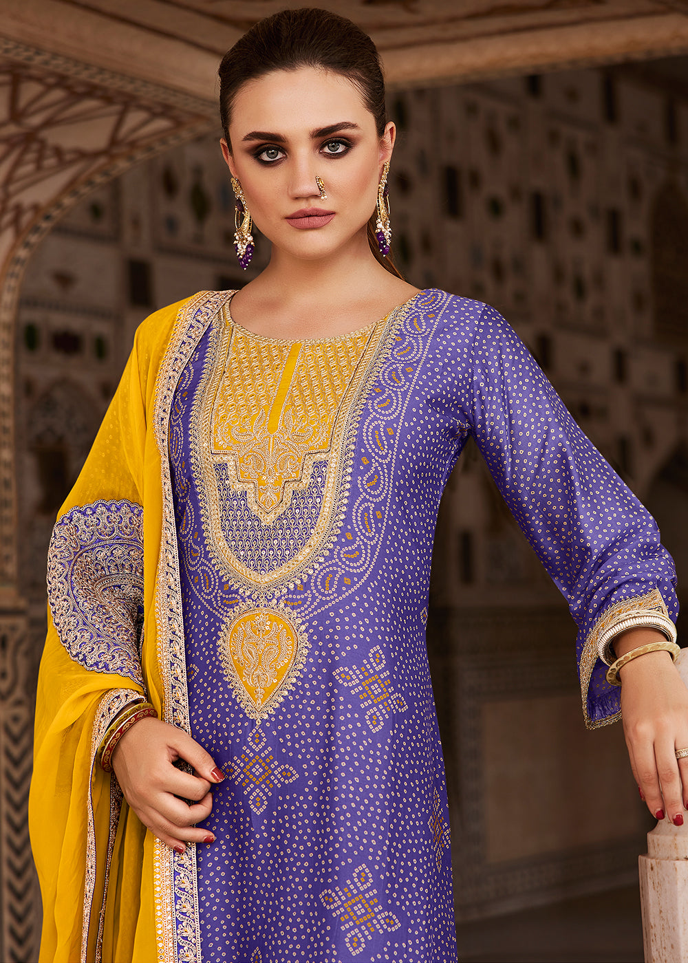 Violet Blue Bandhani Print Silk Straight Kurta Set with Embroidery Patchwork