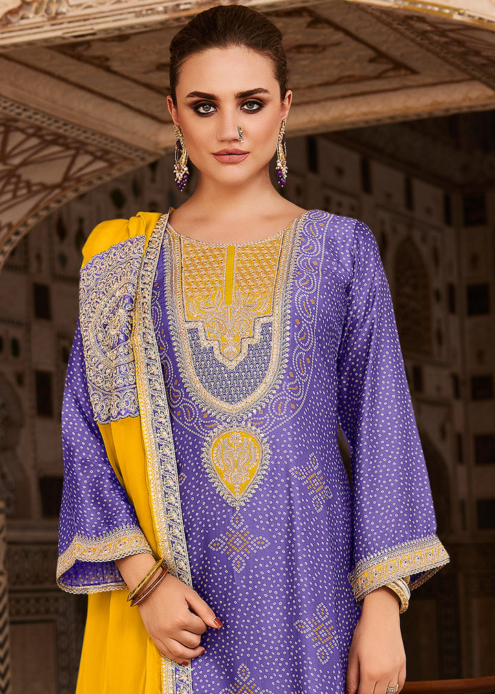 Violet Blue Bandhani Print Silk Straight Kurta Set with Embroidery Patchwork