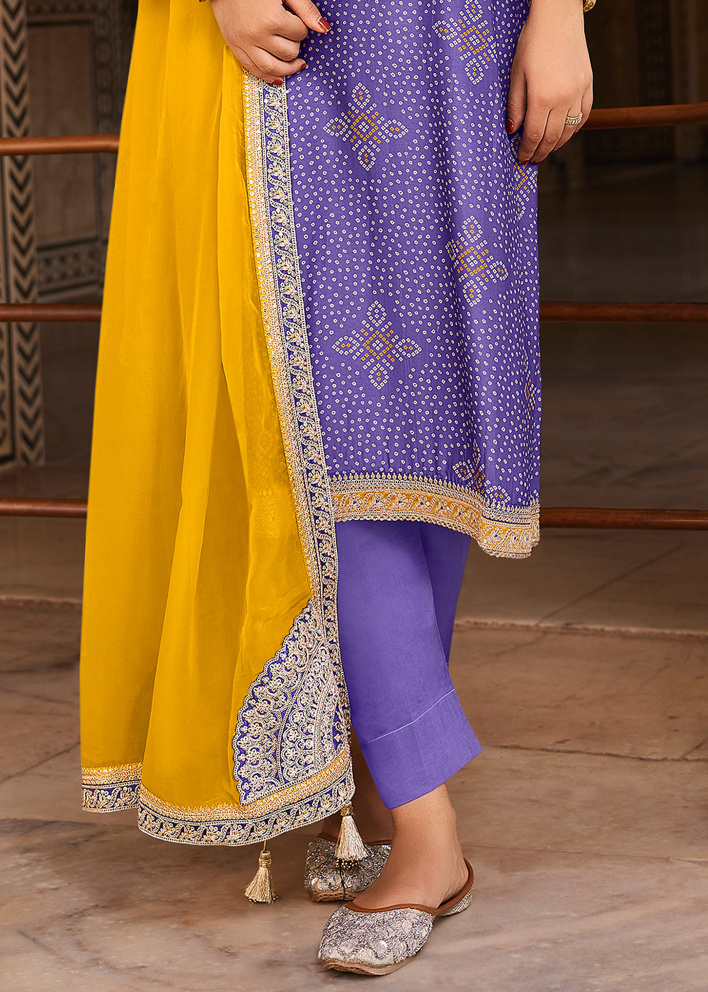 Violet Blue Bandhani Print Silk Straight Kurta Set with Embroidery Patchwork