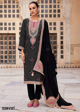 Raven Black Bandhani Print Silk Straight Kurta Set with Embroidery Patchwork