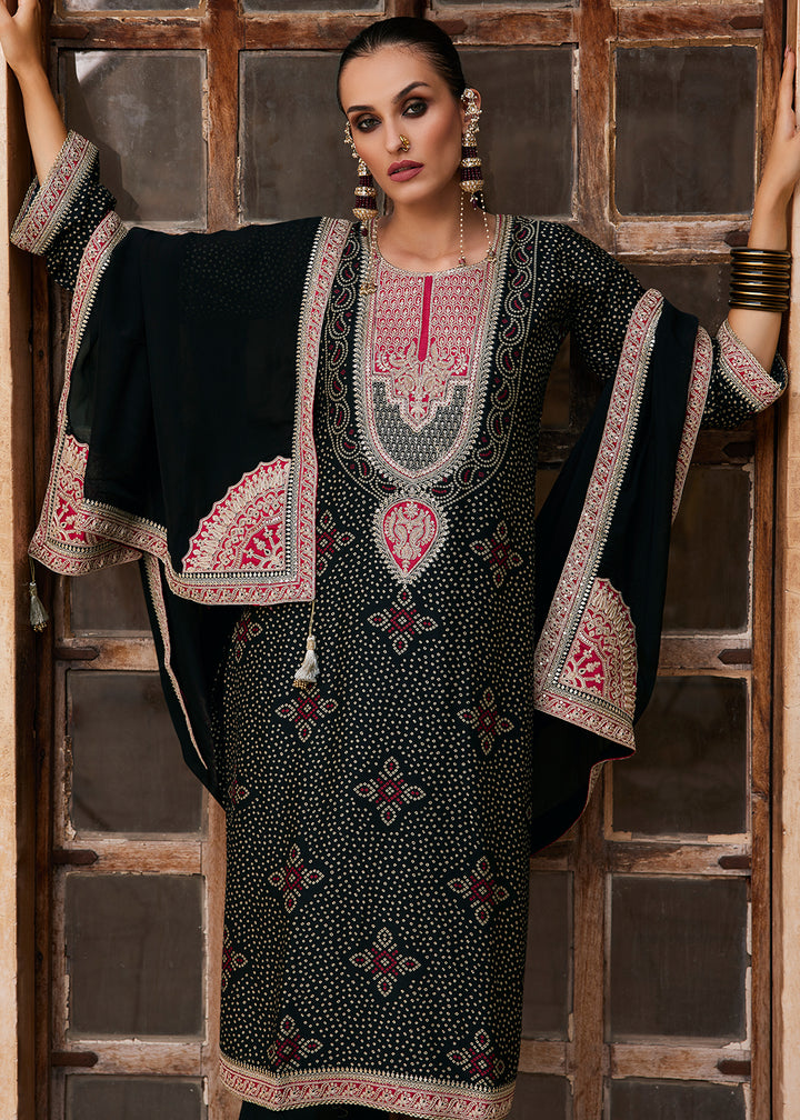 Raven Black Bandhani Print Silk Straight Kurta Set with Embroidery Patchwork