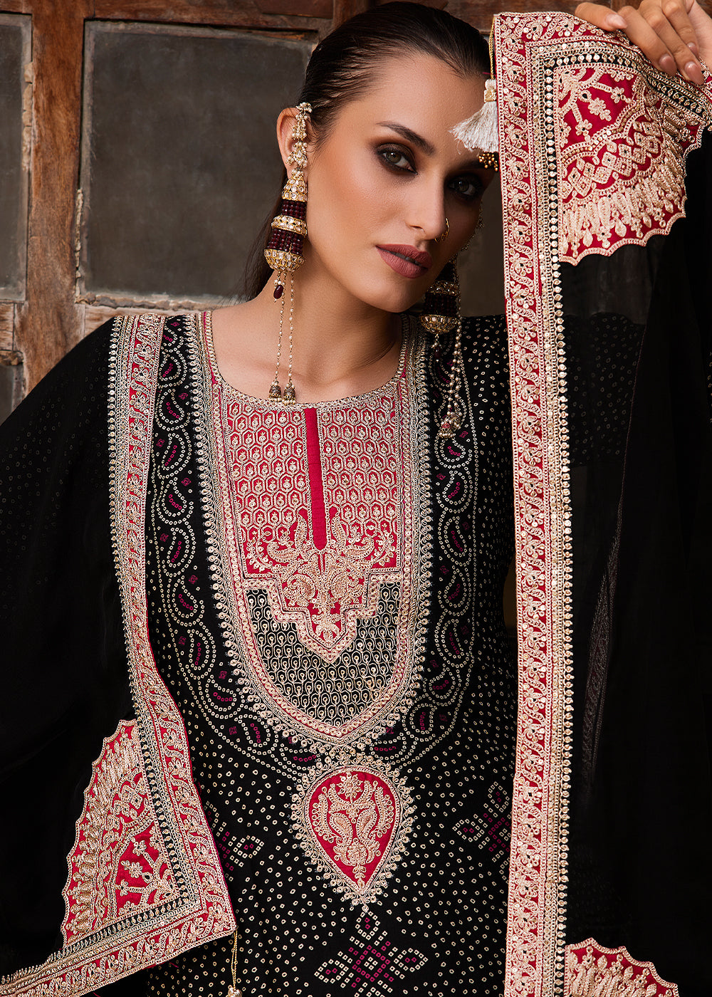 Raven Black Bandhani Print Silk Straight Kurta Set with Embroidery Patchwork