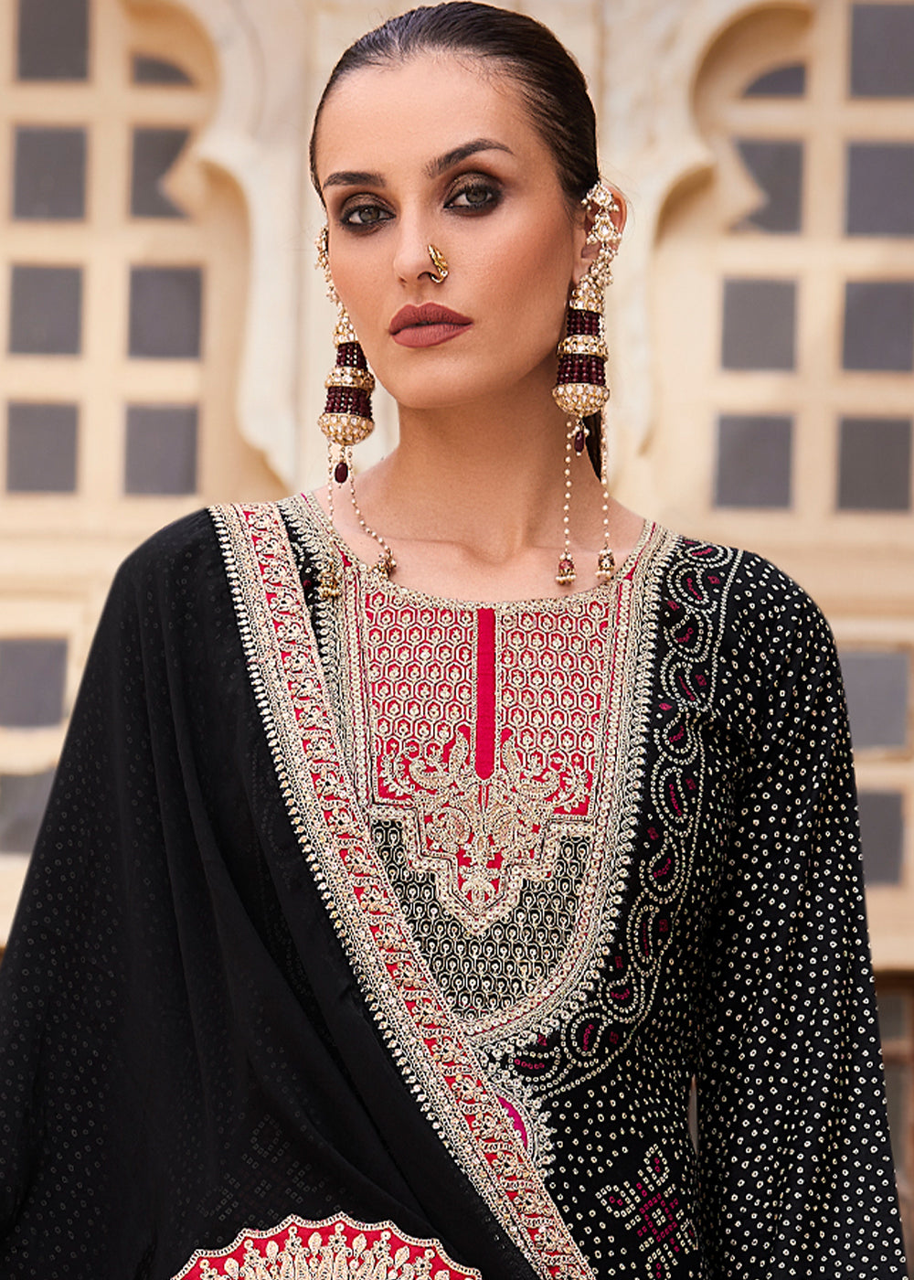 Raven Black Bandhani Print Silk Straight Kurta Set with Embroidery Patchwork