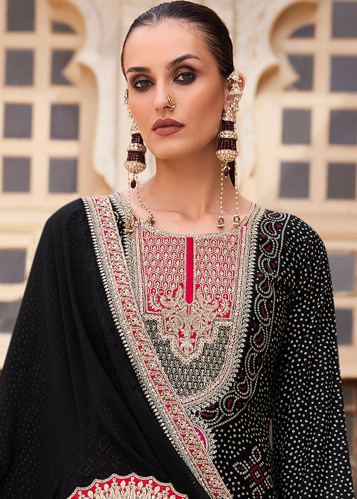 Raven Black Bandhani Print Silk Straight Kurta Set with Embroidery Patchwork