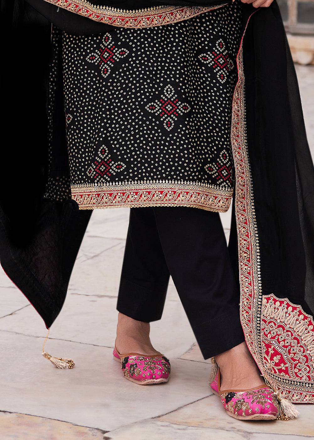 Raven Black Bandhani Print Silk Straight Kurta Set with Embroidery Patchwork