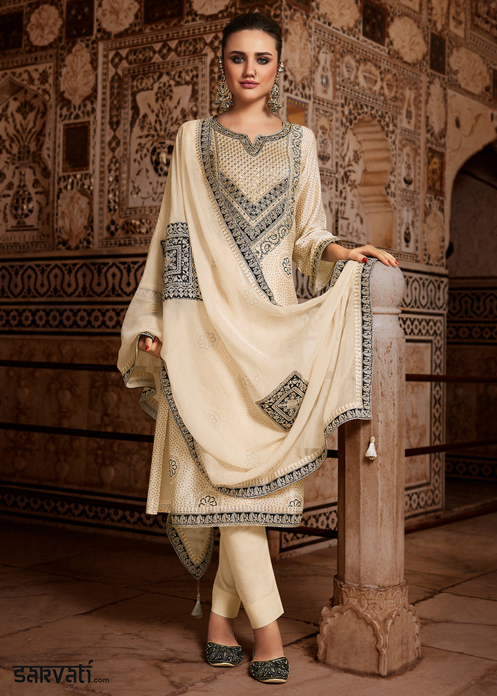 Ivory Cream Bandhani Print Silk Straight Kurta Set with Embroidery Patchwork