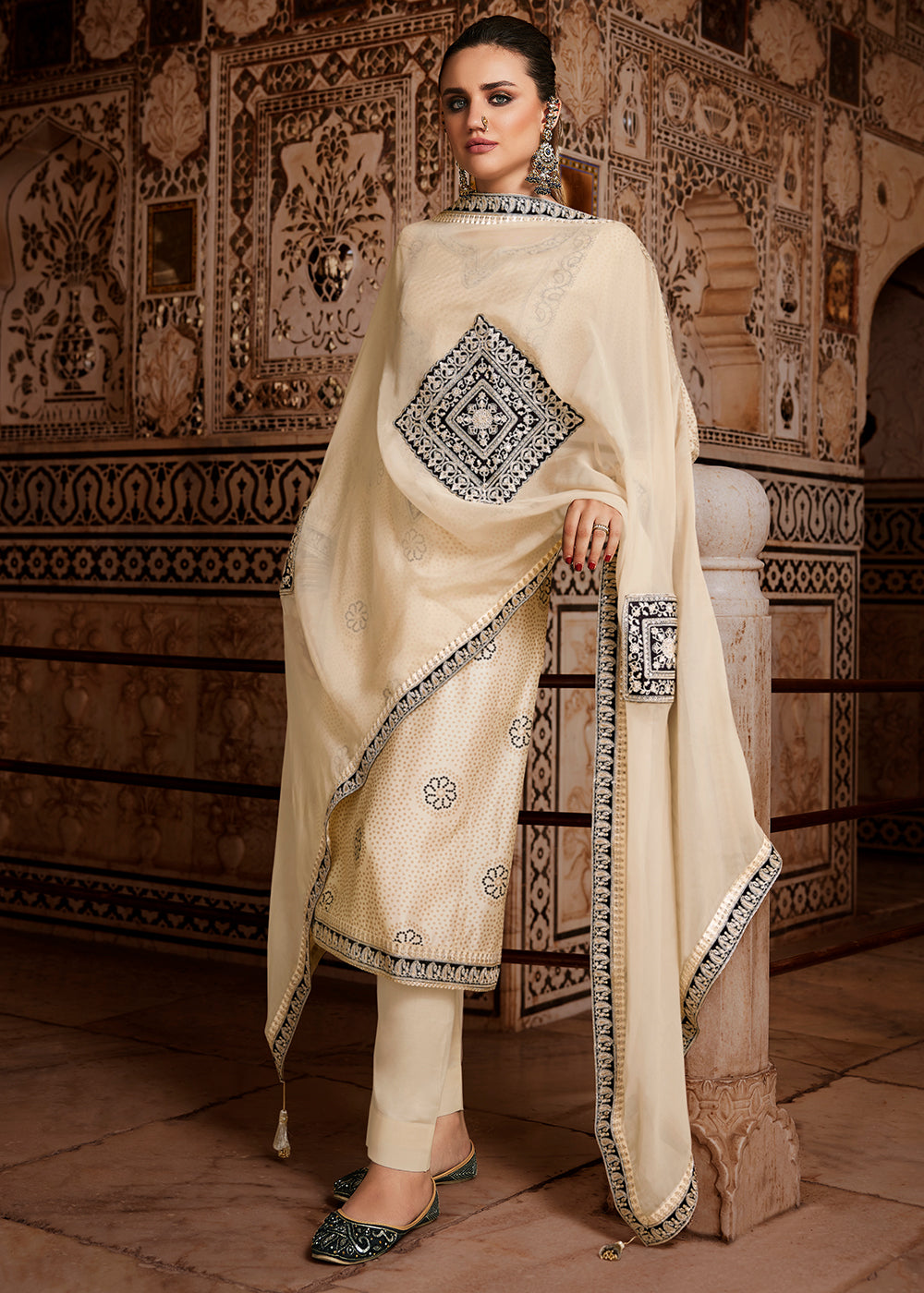 Ivory Cream Bandhani Print Silk Straight Kurta Set with Embroidery Patchwork