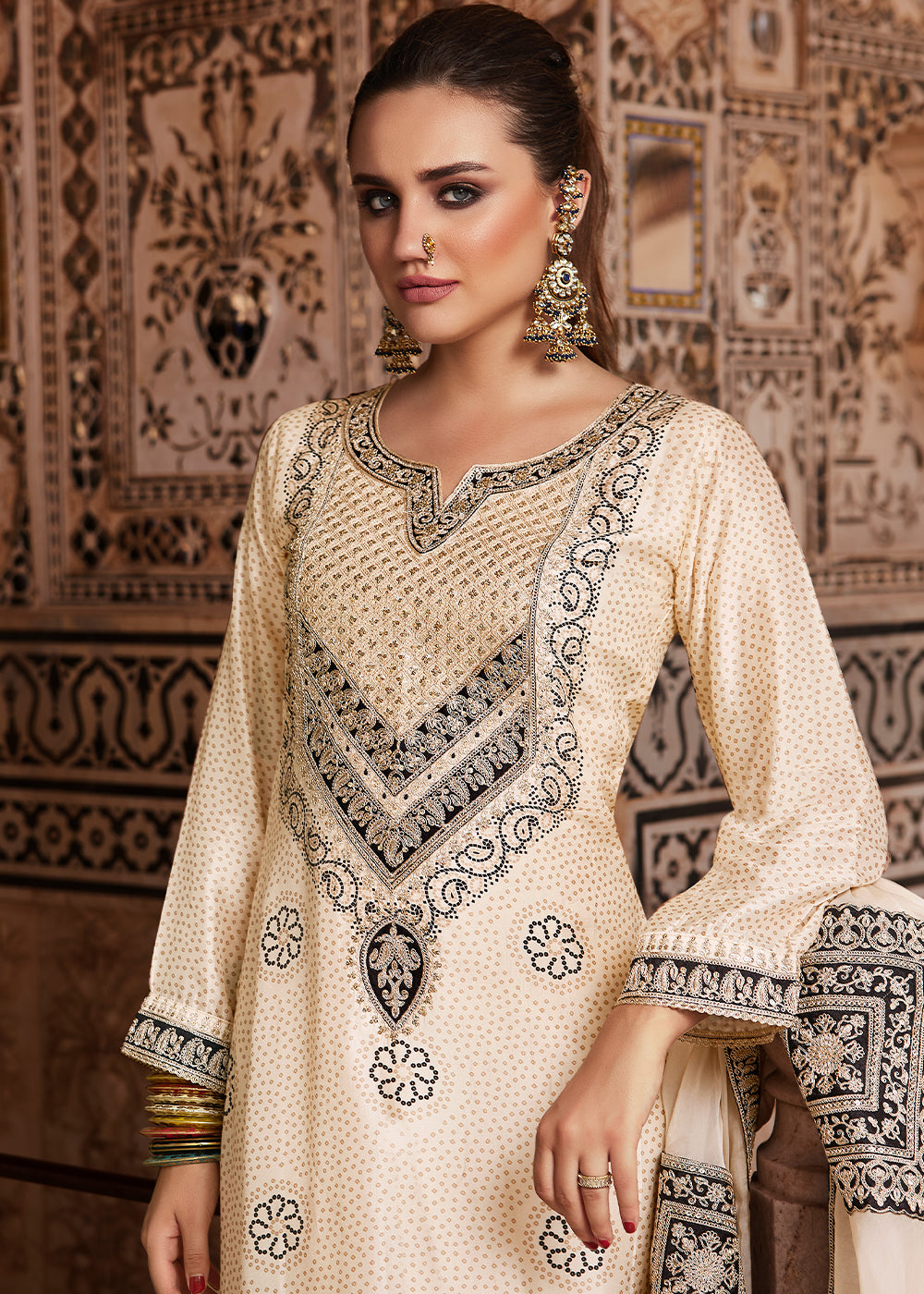 Ivory Cream Bandhani Print Silk Straight Kurta Set with Embroidery Patchwork