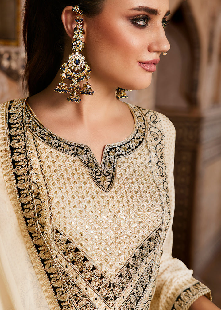 Ivory Cream Bandhani Print Silk Straight Kurta Set with Embroidery Patchwork