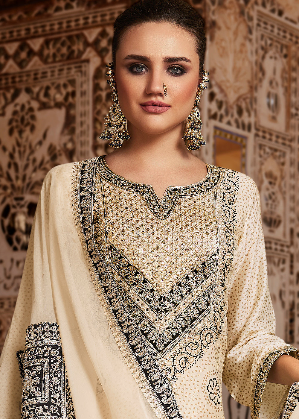 Ivory Cream Bandhani Print Silk Straight Kurta Set with Embroidery Patchwork