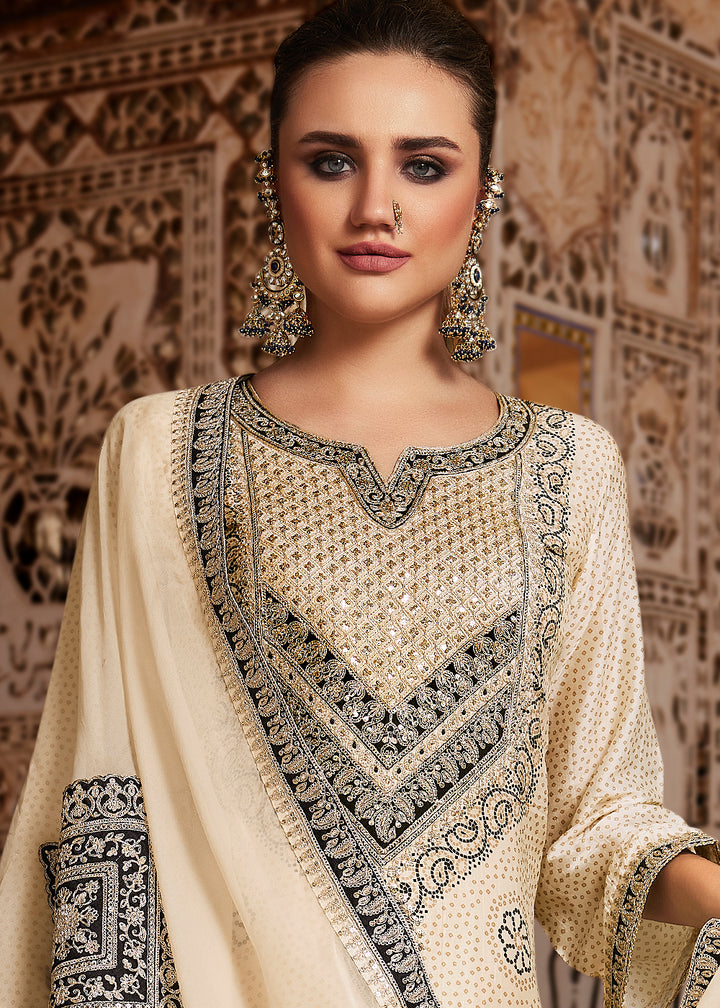 Ivory Cream Bandhani Print Silk Straight Kurta Set with Embroidery Patchwork