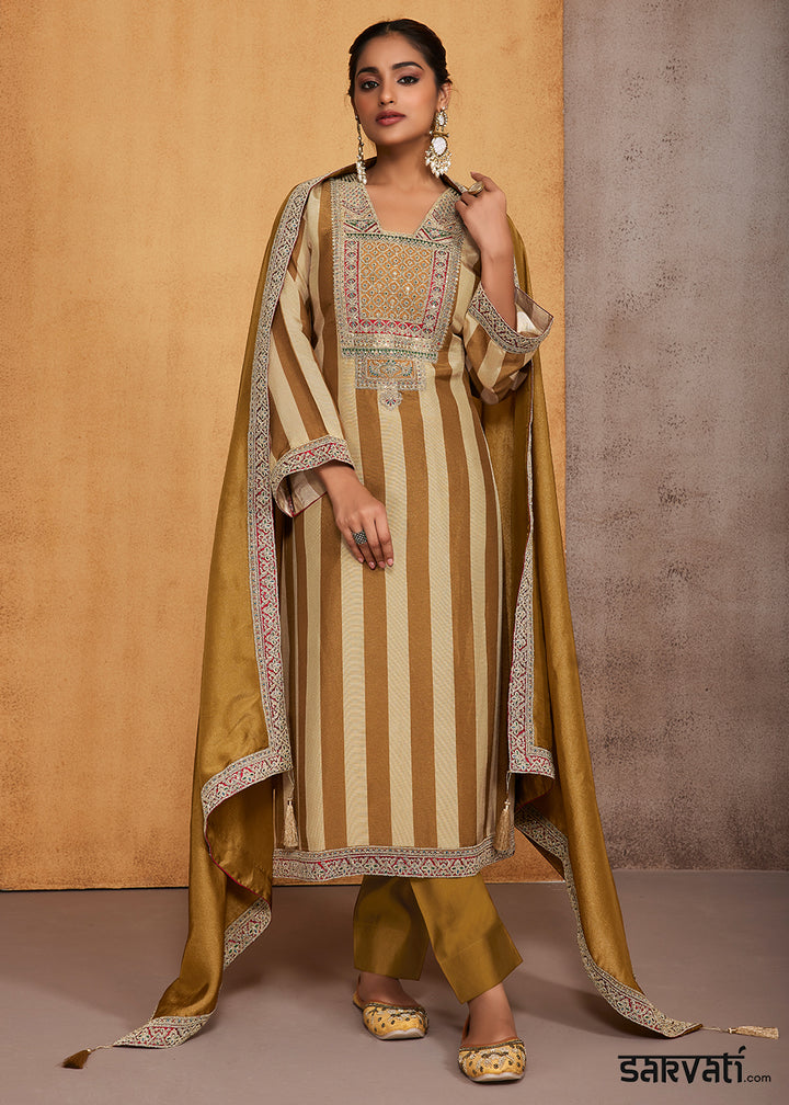 Golden Olive Camel Beige Striped  Printed Viscose Embroidered Straight Suit Set