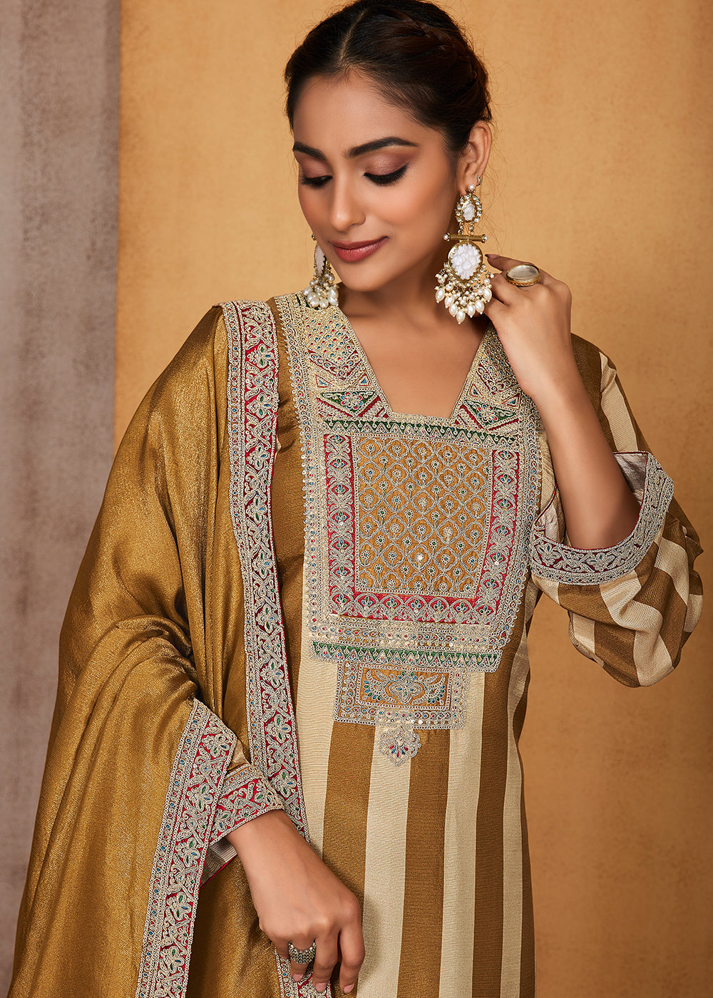 Golden Olive Camel Beige Striped  Printed Viscose Embroidered Straight Suit Set