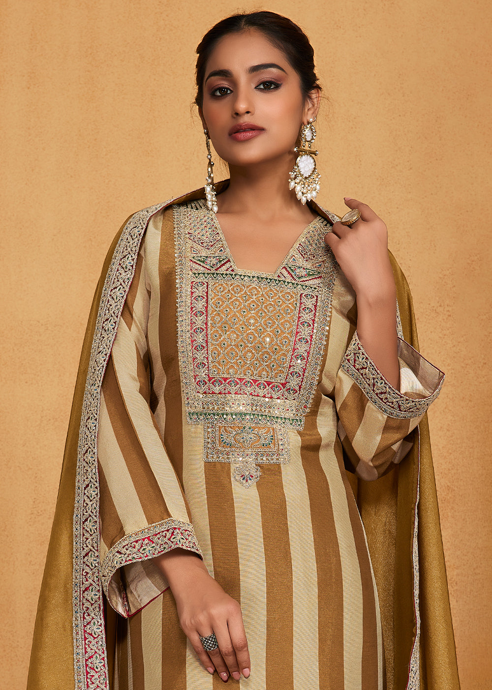 Golden Olive Camel Beige Striped  Printed Viscose Embroidered Straight Suit Set