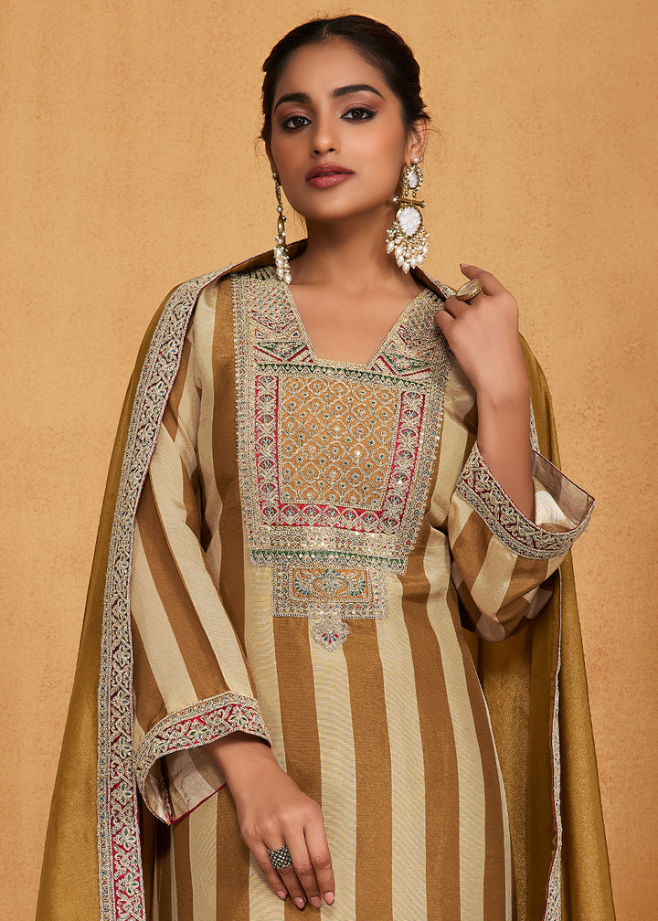 Golden Olive Camel Beige Striped  Printed Viscose Embroidered Straight Suit Set