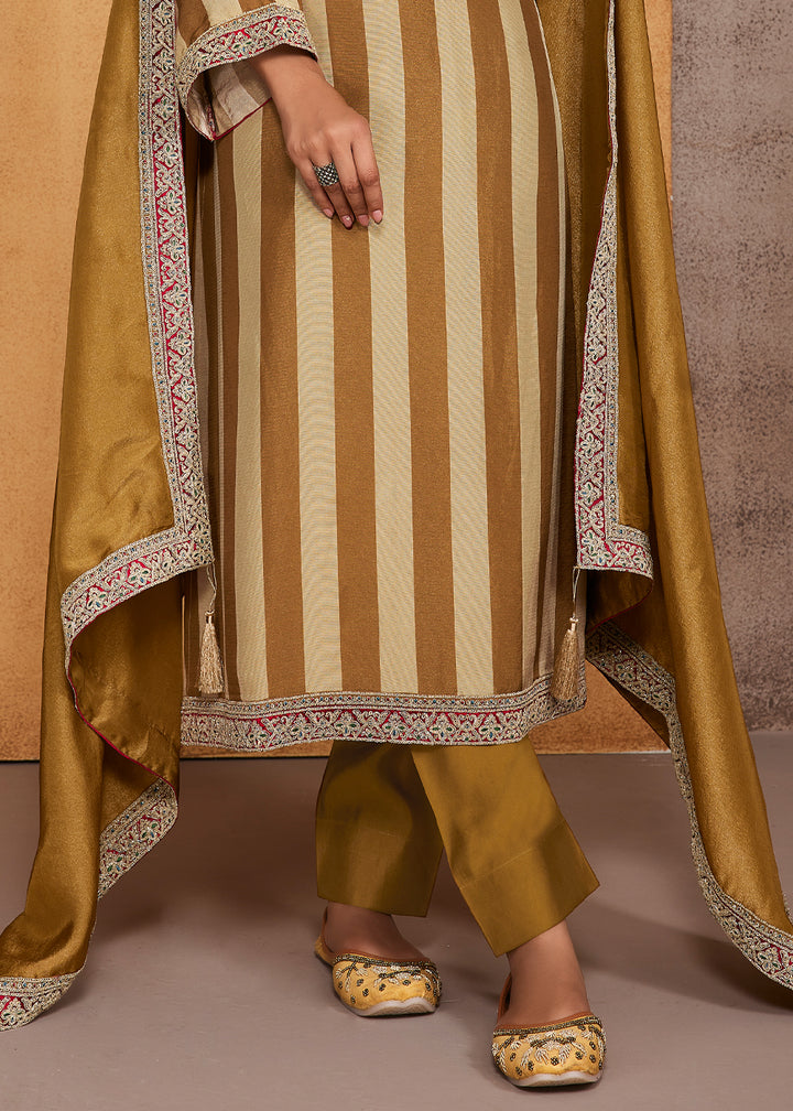 Golden Olive Camel Beige Striped  Printed Viscose Embroidered Straight Suit Set