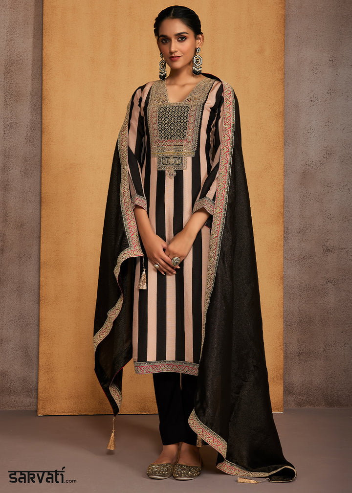 Smoky Black Champagne Pearl Striped Printed Viscose Embroidered Straight Suit Set