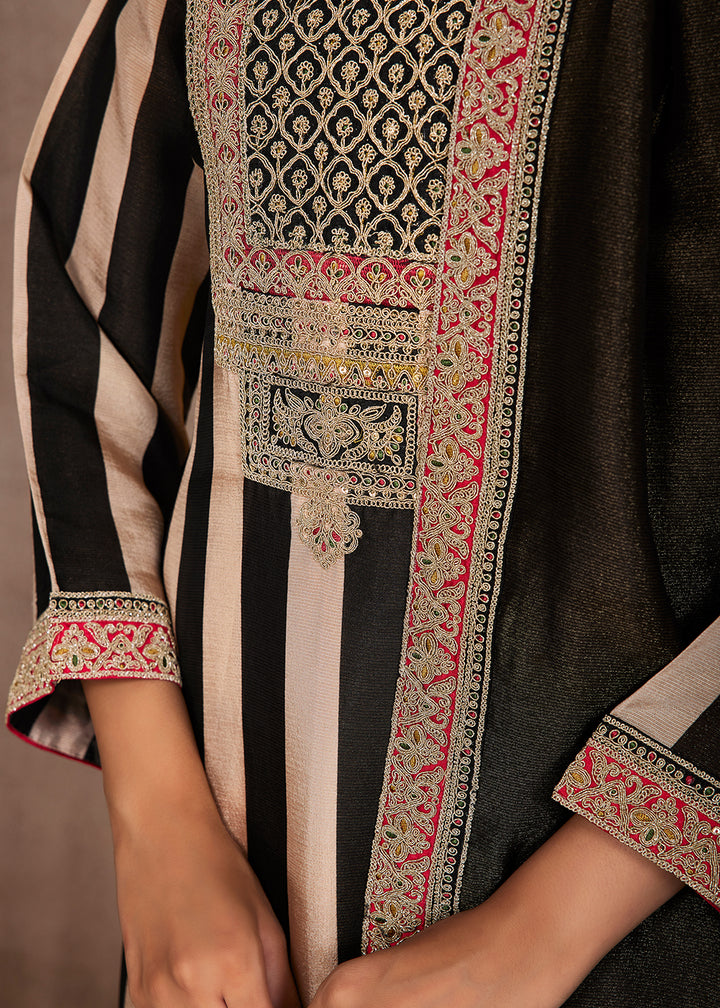 Smoky Black Champagne Pearl Striped Printed Viscose Embroidered Straight Suit Set