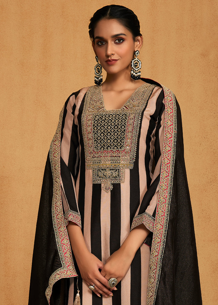 Smoky Black Champagne Pearl Striped Printed Viscose Embroidered Straight Suit Set