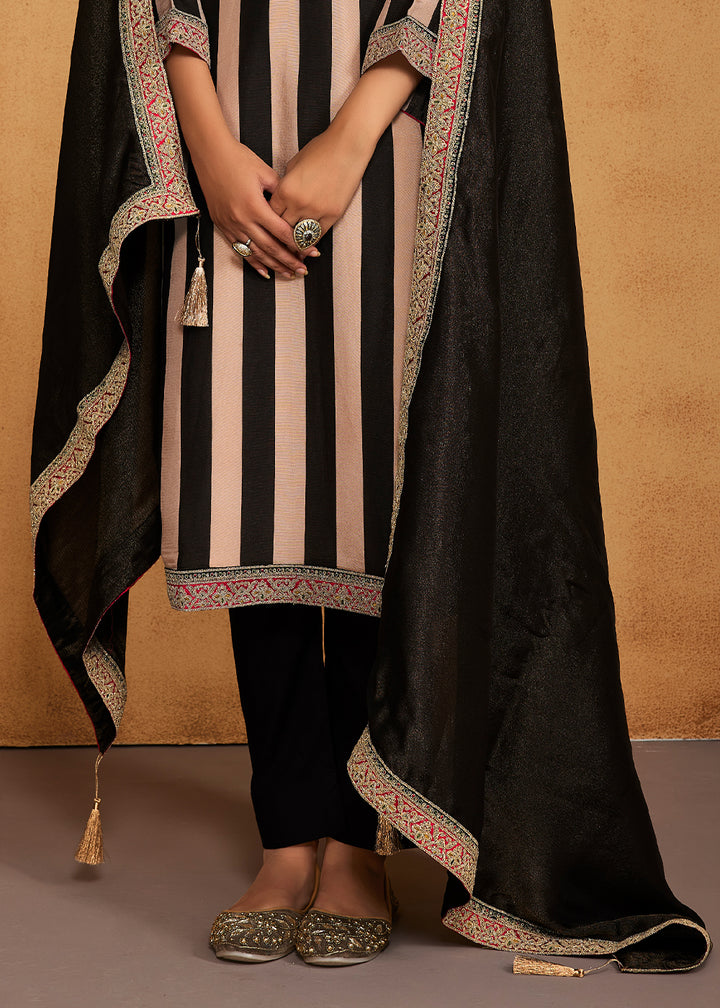Smoky Black Champagne Pearl Striped Printed Viscose Embroidered Straight Suit Set