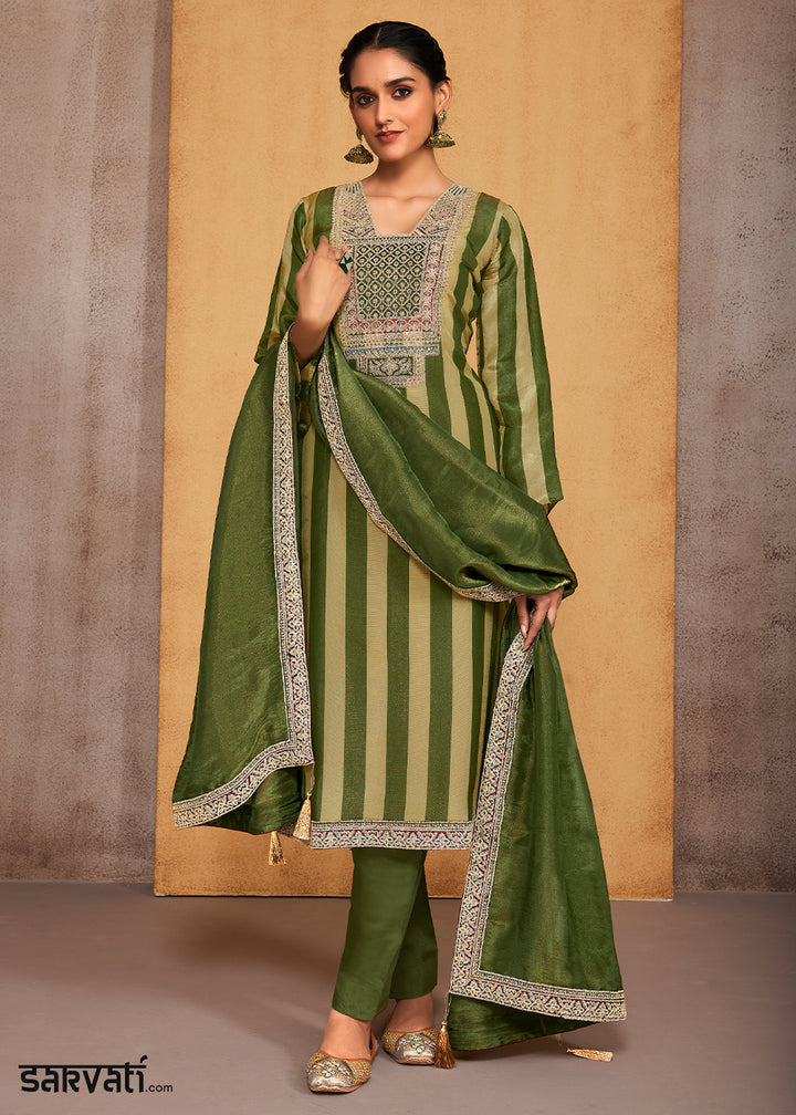 Olive & Sage Green Striped Printed Viscose Embroidered Straight Suit Set