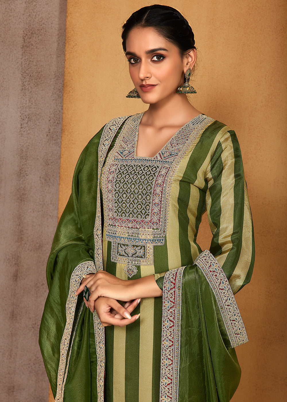 Olive & Sage Green Striped Printed Viscose Embroidered Straight Suit Set