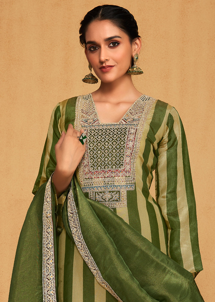 Olive & Sage Green Striped Printed Viscose Embroidered Straight Suit Set