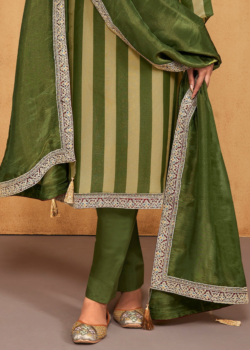 Olive & Sage Green Striped Printed Viscose Embroidered Straight Suit Set