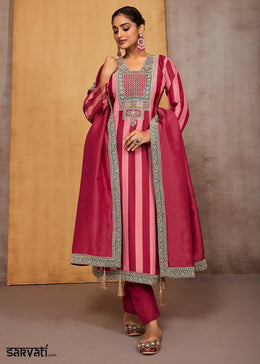 Magenta & Flamingo Pink Striped Printed Viscose Embroidered Straight Suit Set