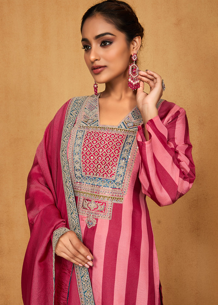 Magenta & Flamingo Pink Striped Printed Viscose Embroidered Straight Suit Set