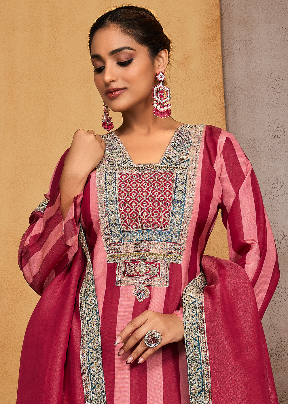 Magenta & Flamingo Pink Striped Printed Viscose Embroidered Straight Suit Set