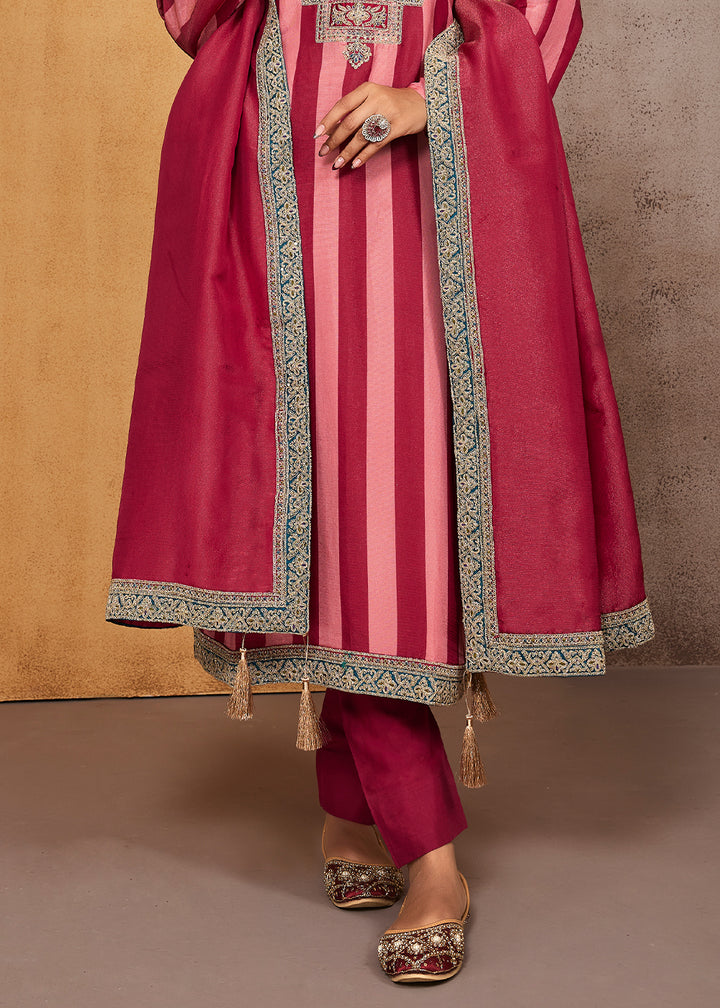 Magenta & Flamingo Pink Striped Printed Viscose Embroidered Straight Suit Set