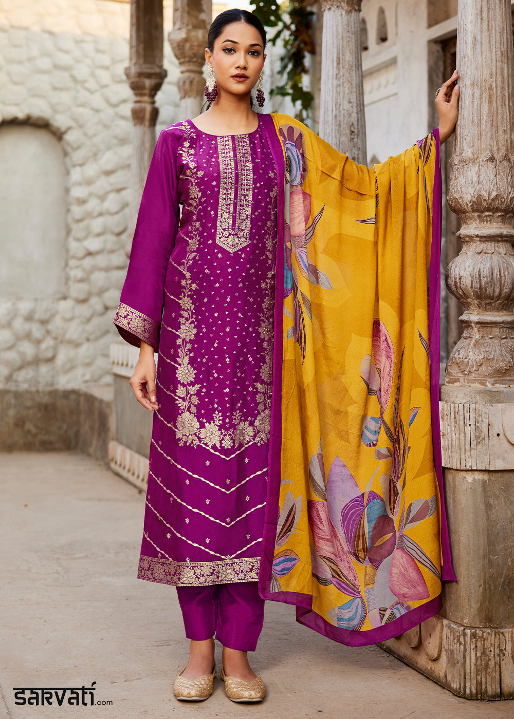 Magenta Purple Jacquard Silk Straight Kurta Set with Zari Embroidery &amp; Mustard Floral Print Dupatta