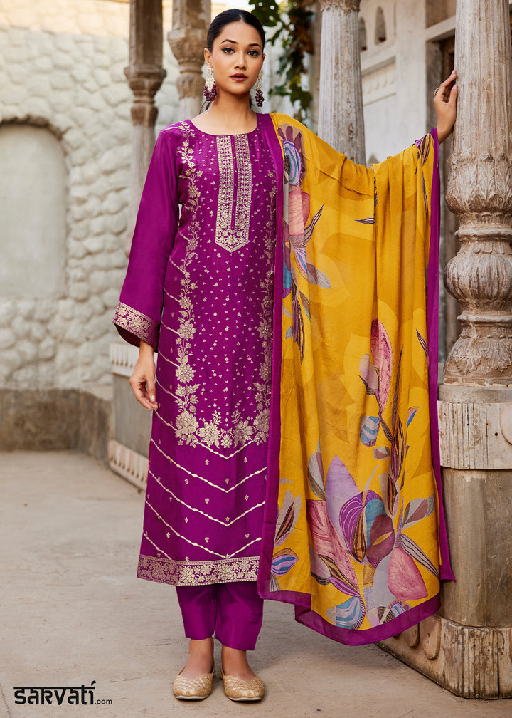 Magenta Purple Jacquard Silk Straight Kurta Set with Zari Embroidery &amp; Mustard Floral Print Dupatta
