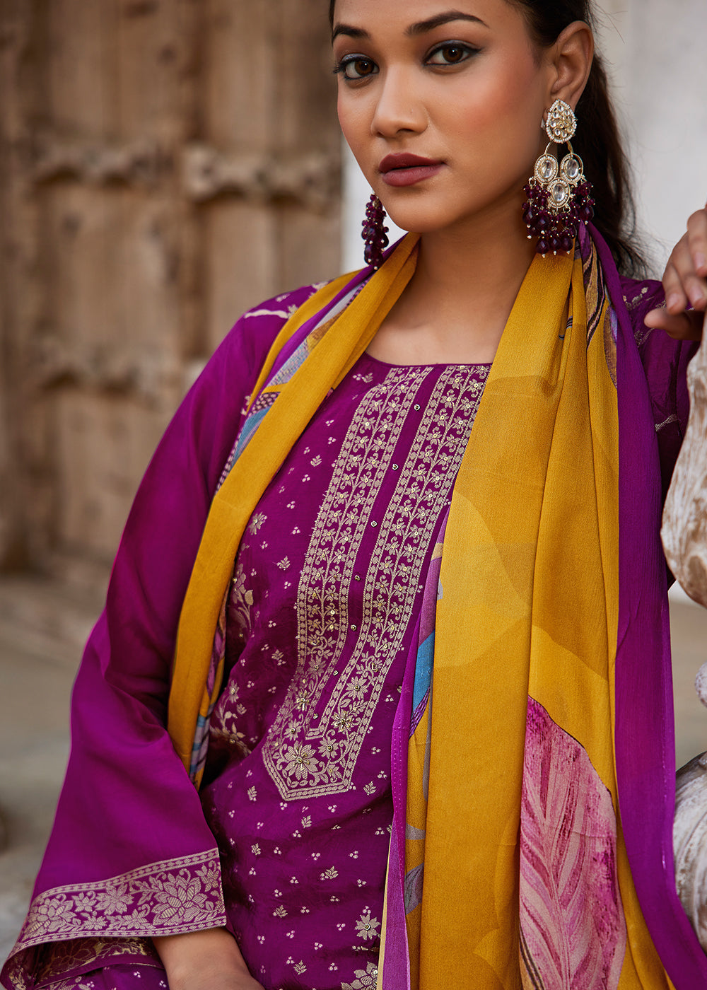 Magenta Purple Jacquard Silk Straight Kurta Set with Zari Embroidery & Mustard Floral Print Dupatta