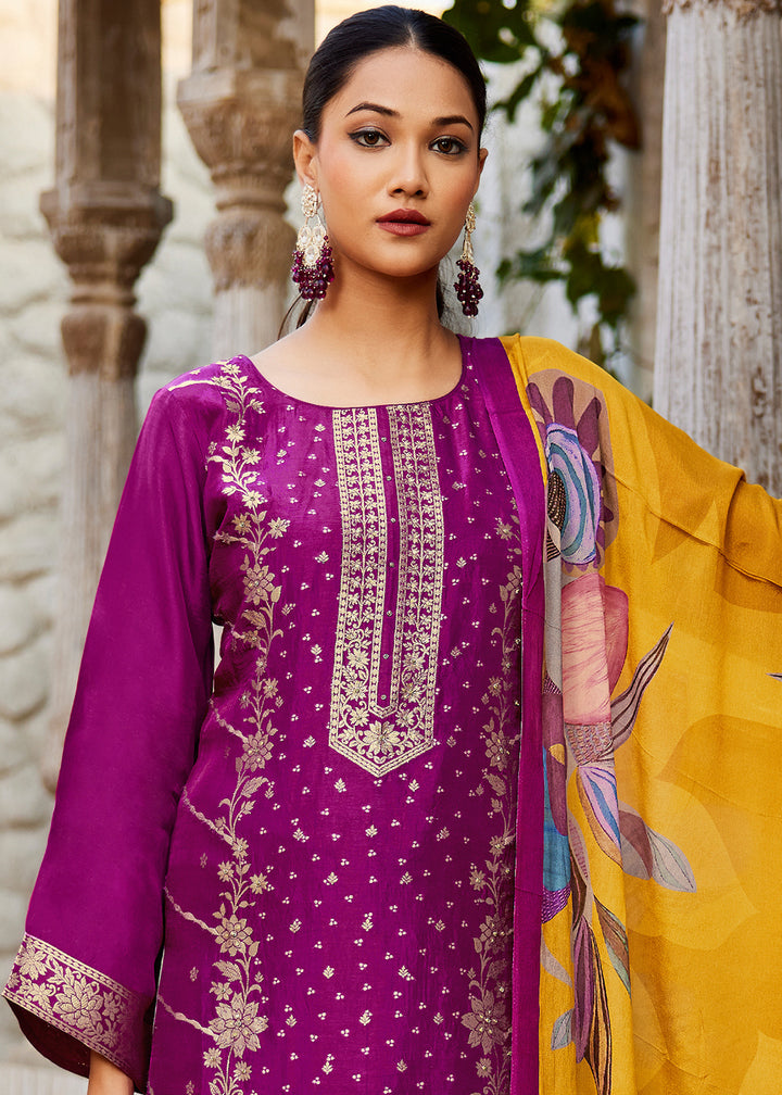 Magenta Purple Jacquard Silk Straight Kurta Set with Zari Embroidery &amp; Mustard Floral Print Dupatta