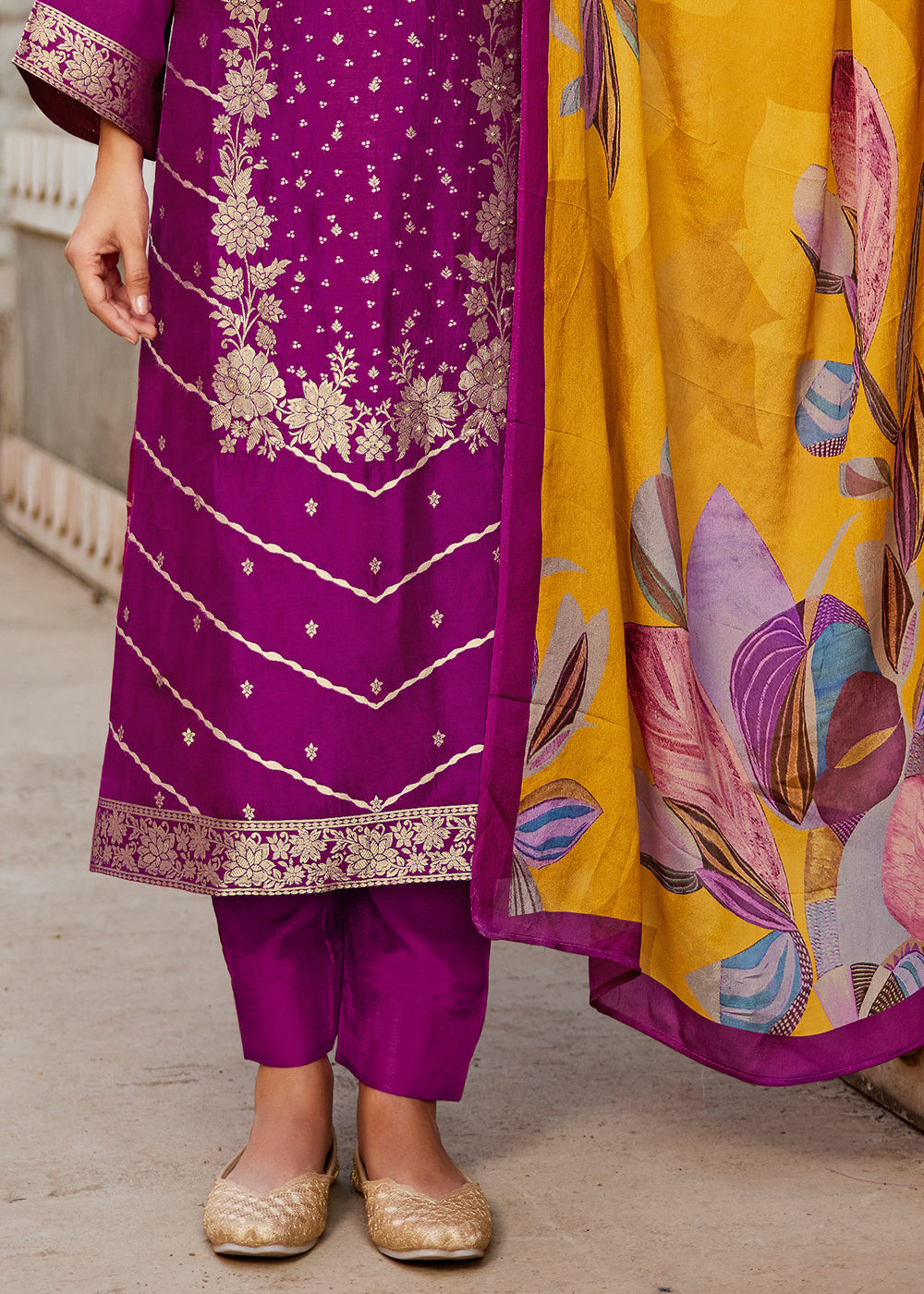 Magenta Purple Jacquard Silk Straight Kurta Set with Zari Embroidery &amp; Mustard Floral Print Dupatta