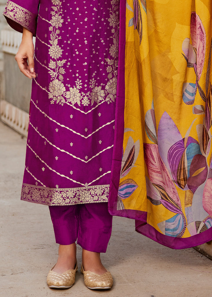 Magenta Purple Jacquard Silk Straight Kurta Set with Zari Embroidery &amp; Mustard Floral Print Dupatta