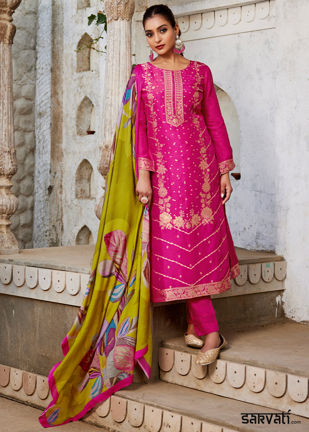Ruby Pink Jacquard Silk Straight Kurta Set with Zari Embroidery &amp; Lime Floral Print Dupatta