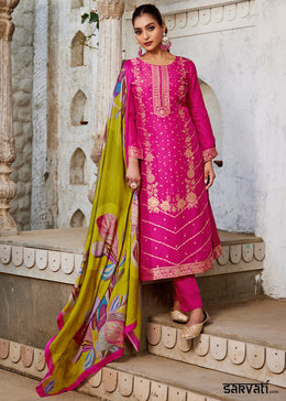 Ruby Pink Jacquard Silk Straight Kurta Set with Zari Embroidery & Lime Floral Print Dupatta
